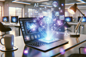 A futuristic workspace with a glowing laptop showcasing AI-powered graphics, holographic icons, and data visuals symbolizing artificial intelligence and caption generation technology.