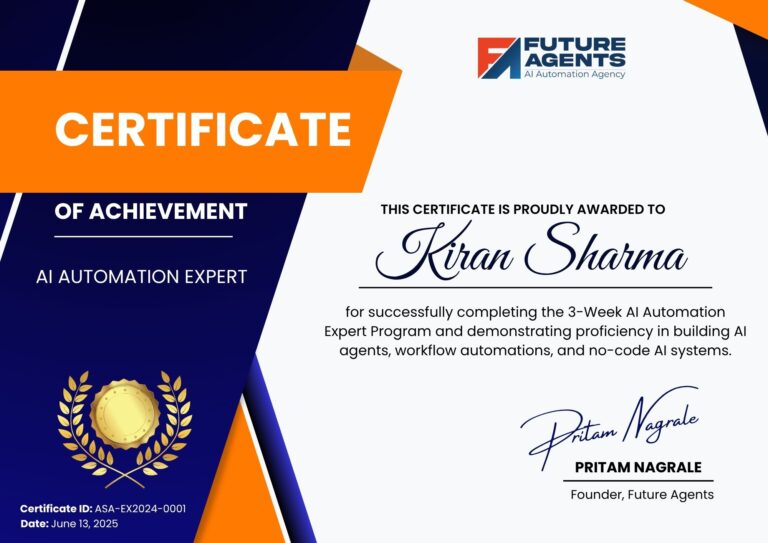 Certificate of achievement by Future Agents